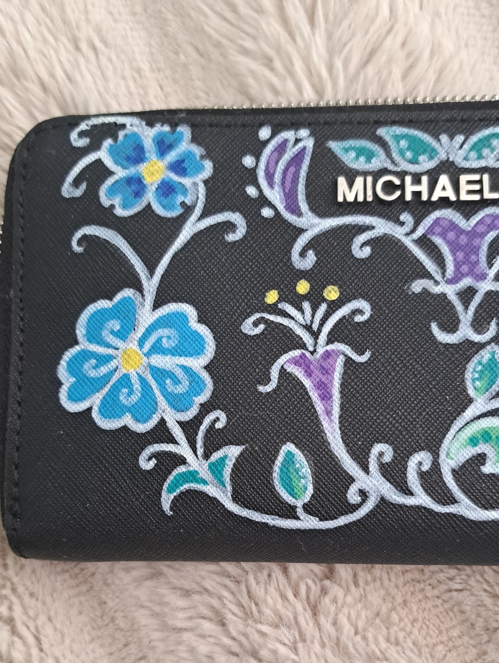 Hand Painted Leather Black Floral & Bee Zip Wallet with Blue and Purple Accents - Picture 4 of 9